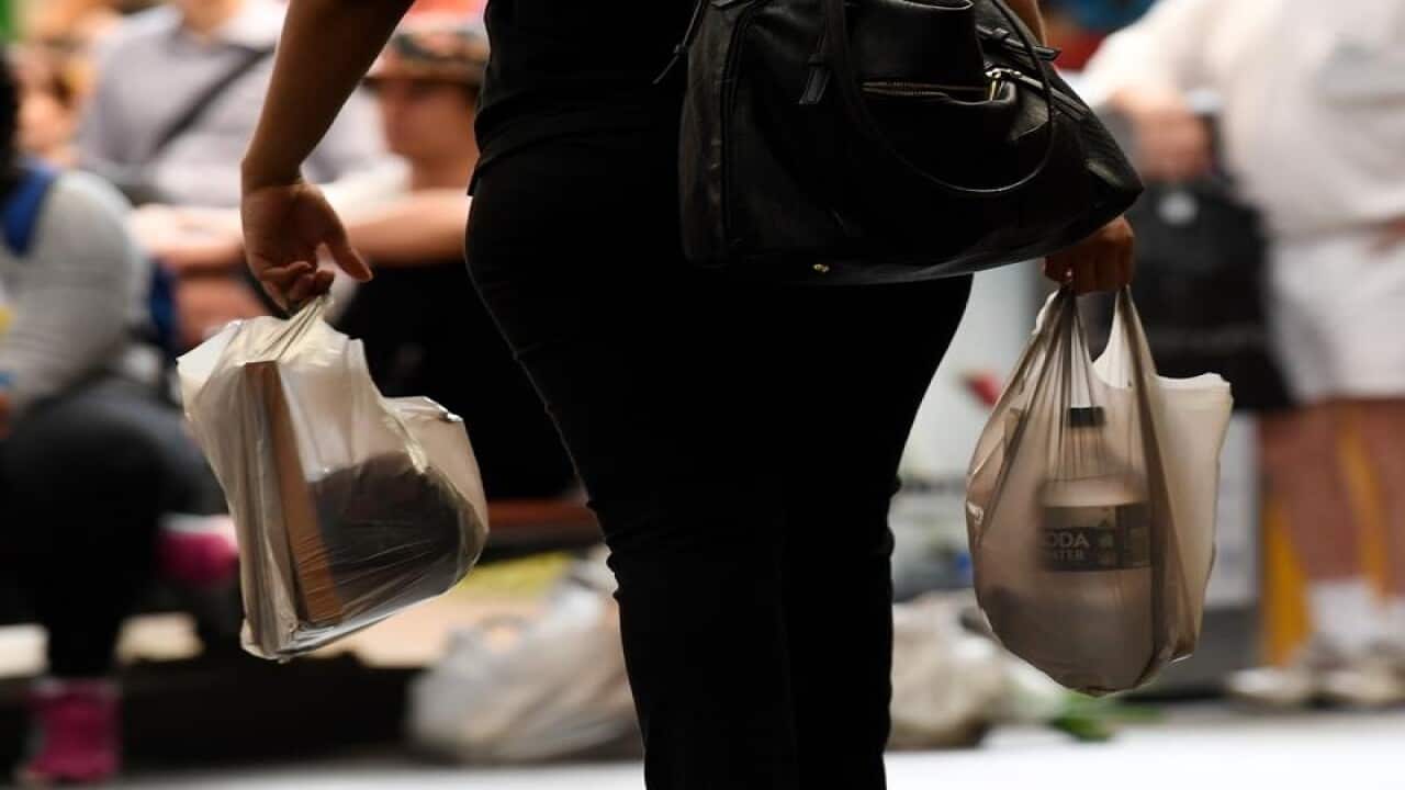 A customer holds plastic supermarket shopping bag