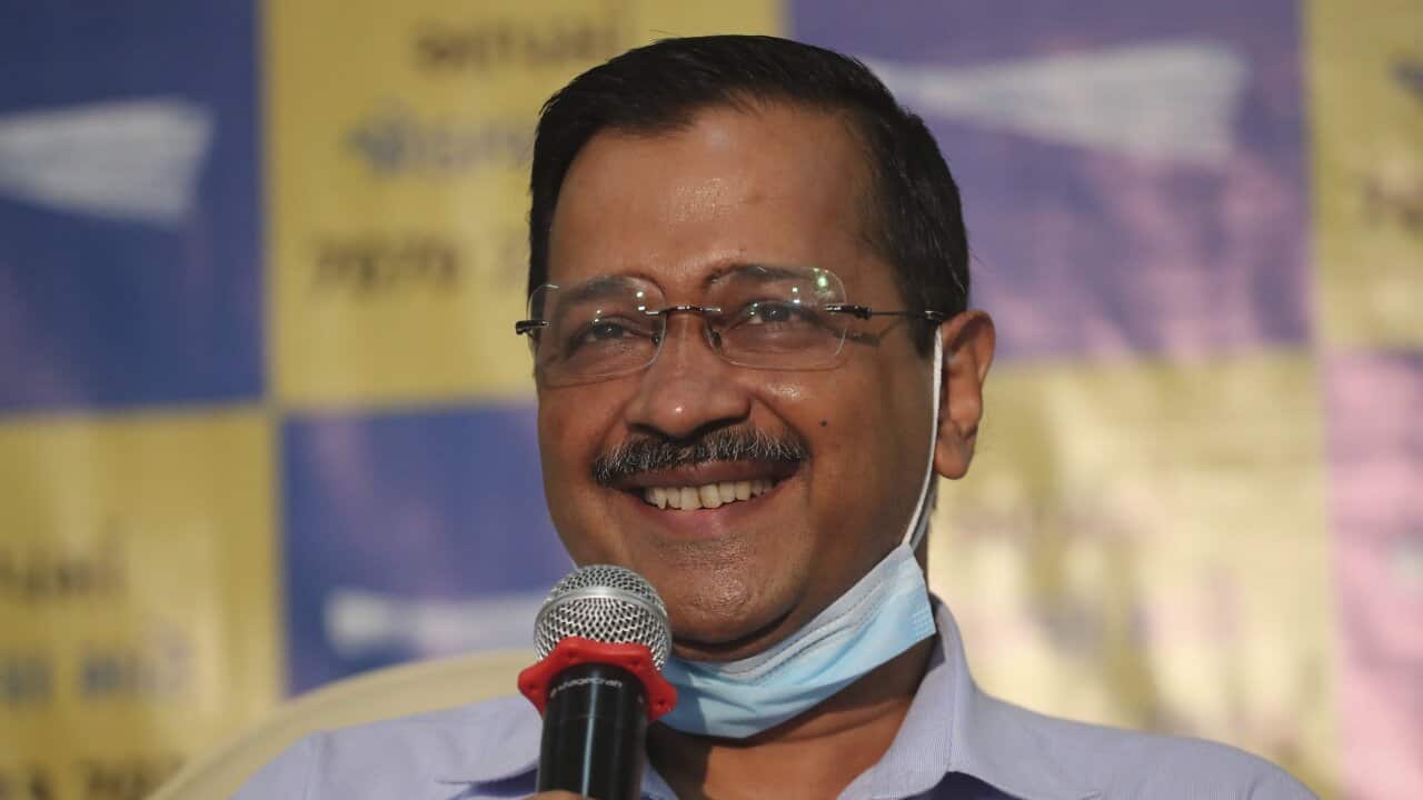 Aam Admi Party (AAP) chief and Chief Minister of Delhi Arvind Kejriwal smiles during a press conference in Ahmedabad, India, Monday, June 14, 2021. Kejriwal said AAP will contest all seats in Gujarat Assembly polls in 2022. (AP Photo/Ajit Solanki)