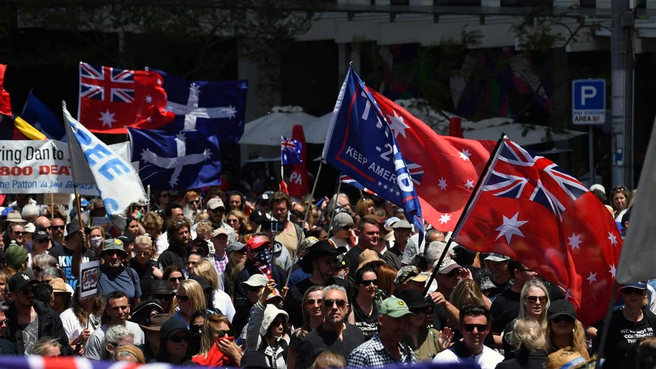 A crowd of protesters. Some are waving flags, including the Australian flag and the Australian Red Ensign.