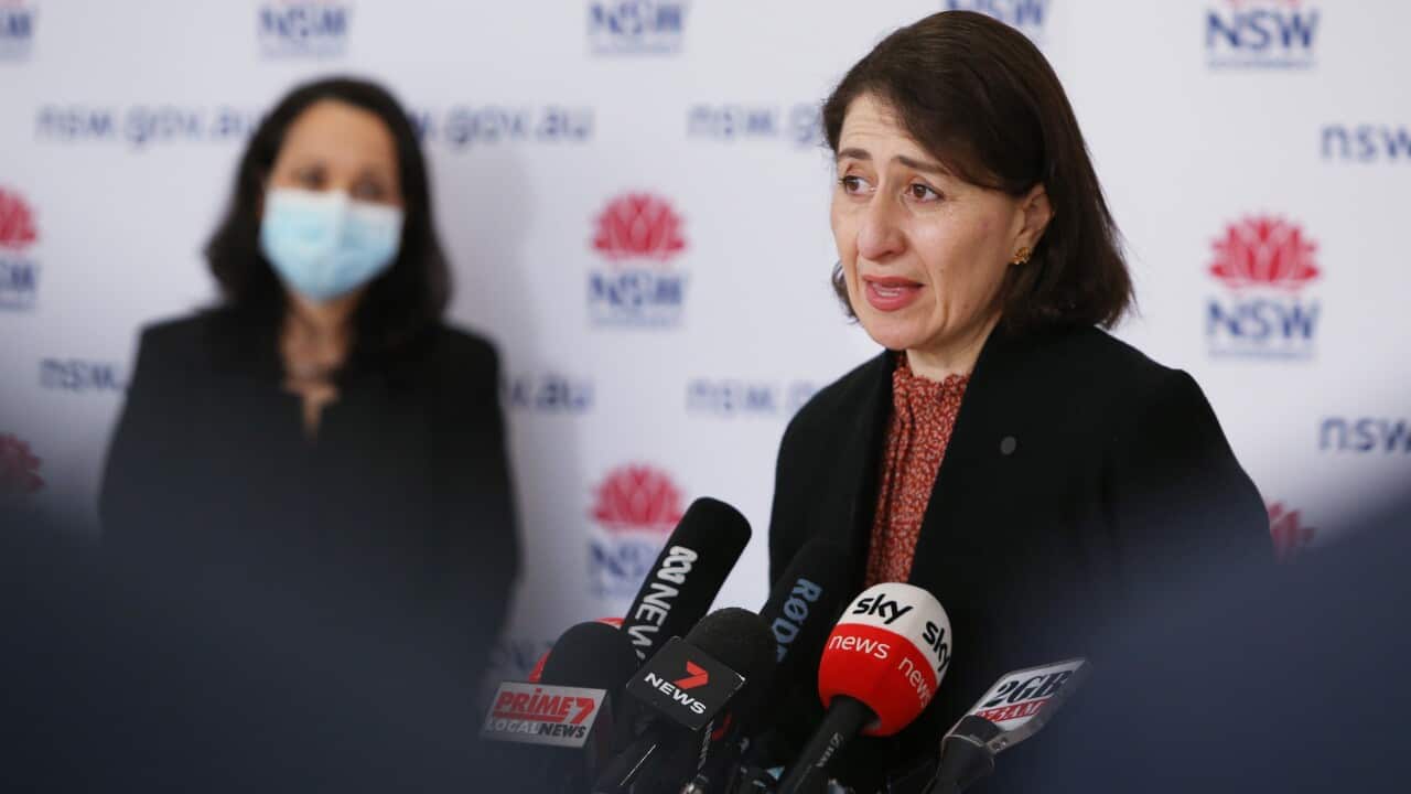 NSW Premier Gladys Berejiklian speaks during a COVID-19 update and press conference in Sydney, Friday, August 27, 2021. NSW has recorded 882 new locally acquired cases of COVID-19 and two deaths. (AAP Image/Pool, Lisa Maree Williams) NO ARCHIVING
