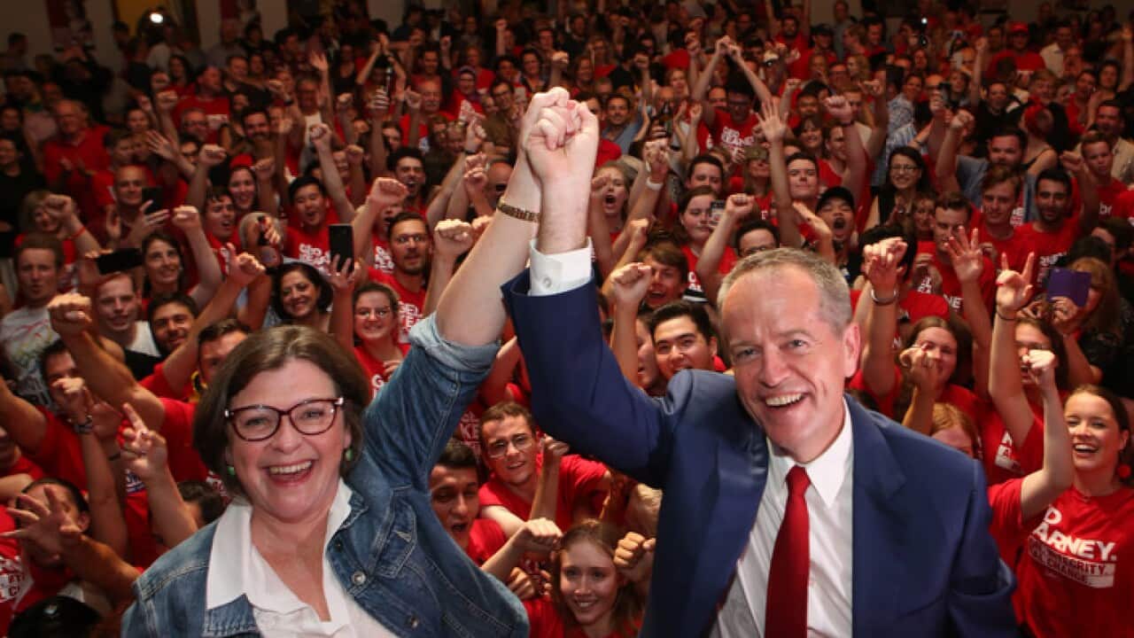 Federal Labor Leader Bill Shorten and Labor candidate for Batman Ged Kearney celebrate her federal by-election win in Melbourne