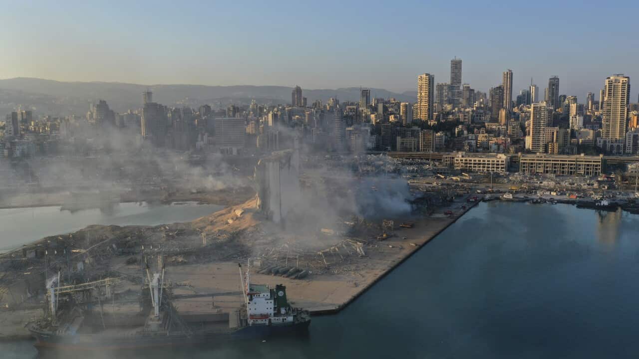 A drone picture shows smoke from the scene of an explosion at the seaport of Beirut, Lebanon, Wednesday, Aug. 5, 2020