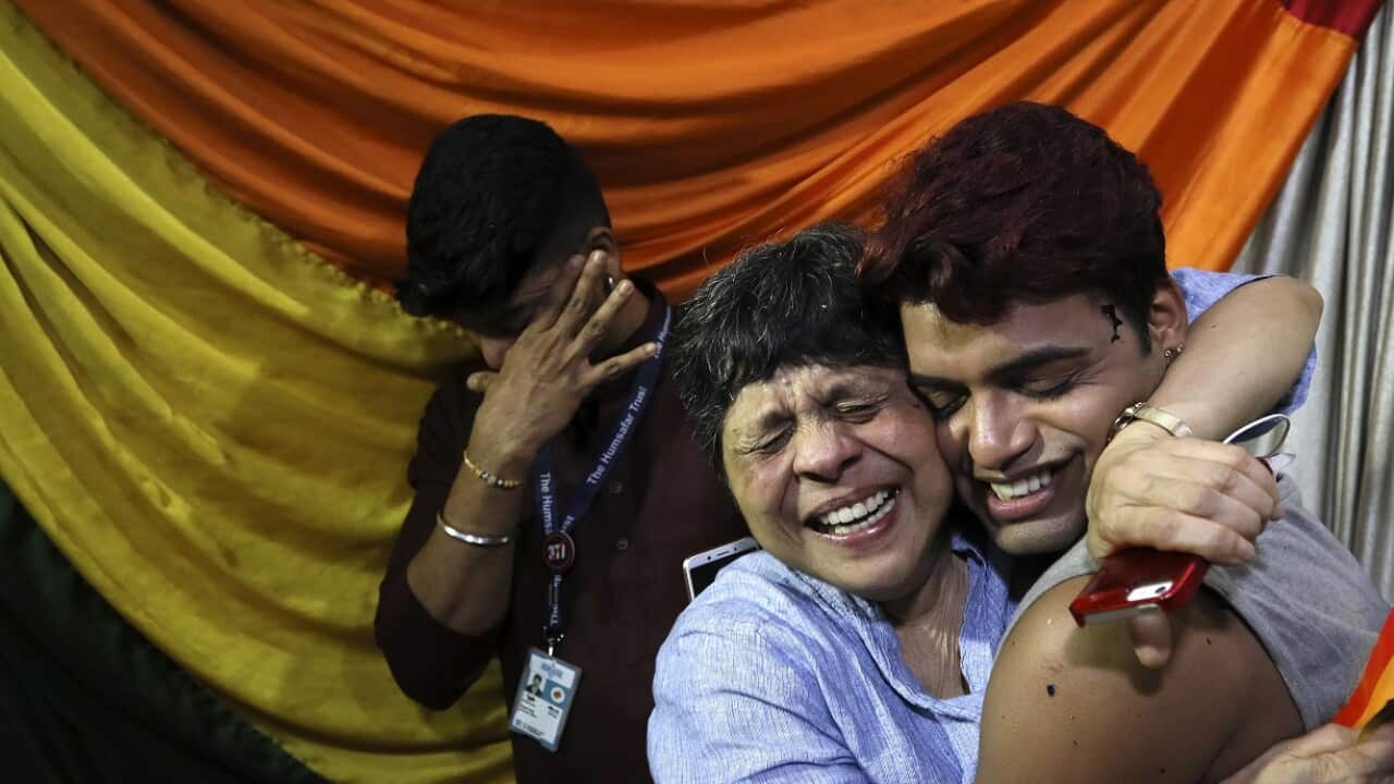 Indian LGBT activists react after the hearing at the Supreme Court.