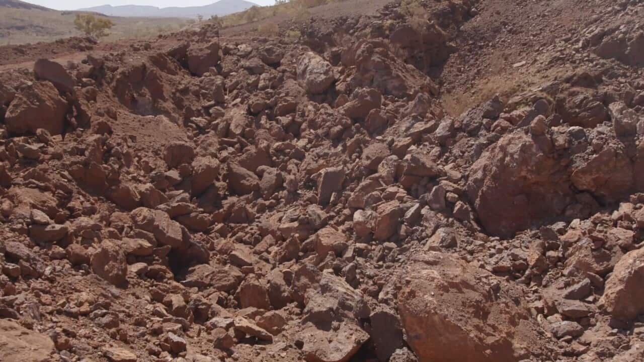 The Juukan Gorge site following its destruction by mining giant Rio Tinto in Western Australia.
