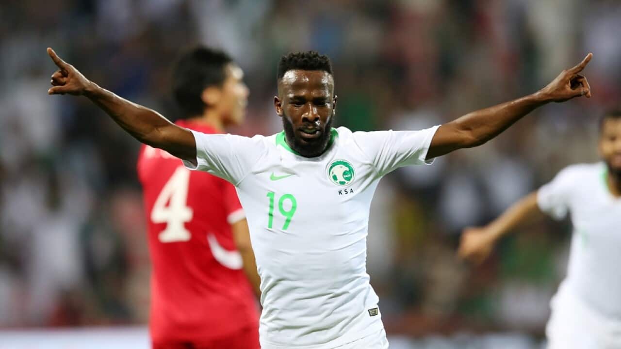 Fahad Almuwallad of Saudi Arabia celebrates scoring the 4-0 goal during the 2019 AFC Asian Cup group E preliminary round match between Saudi Arabia and North Korea, in Dubai, United Arab Emirates, 08 January 2019. EPA/MAHMOUD KHALED