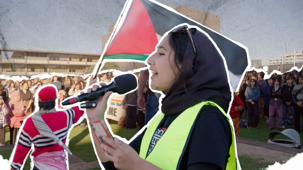 Composite image showing university campus gathering, student holding Palestinian flag, another student speaking into a microphone.