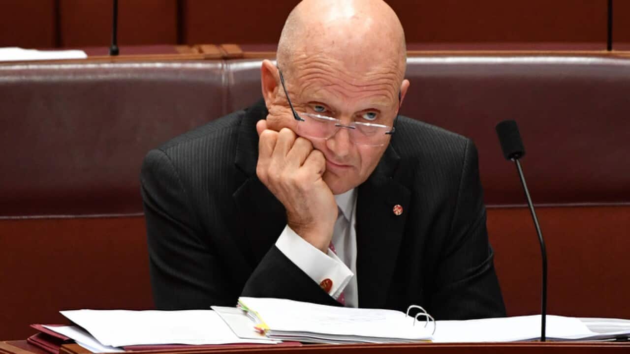 Liberal Democratic Party Senator David Leyonhjelm after a vote to suspend Australian Greens leader, Senator Richard Di Natale from the Senate at Parliament House in Canberra, Tuesday, November 27, 2018. (AAP Image/Mick Tsikas) NO ARCHIVING
