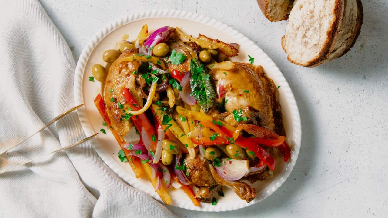 Roast chicken with capsicum, lemon and olives