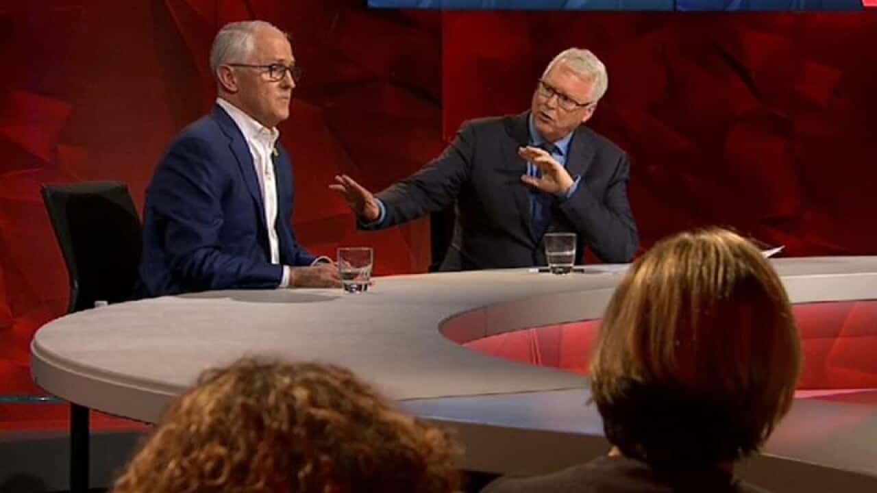 Former PM Malcolm Turnbull appearing on QandA with Tony Jones.