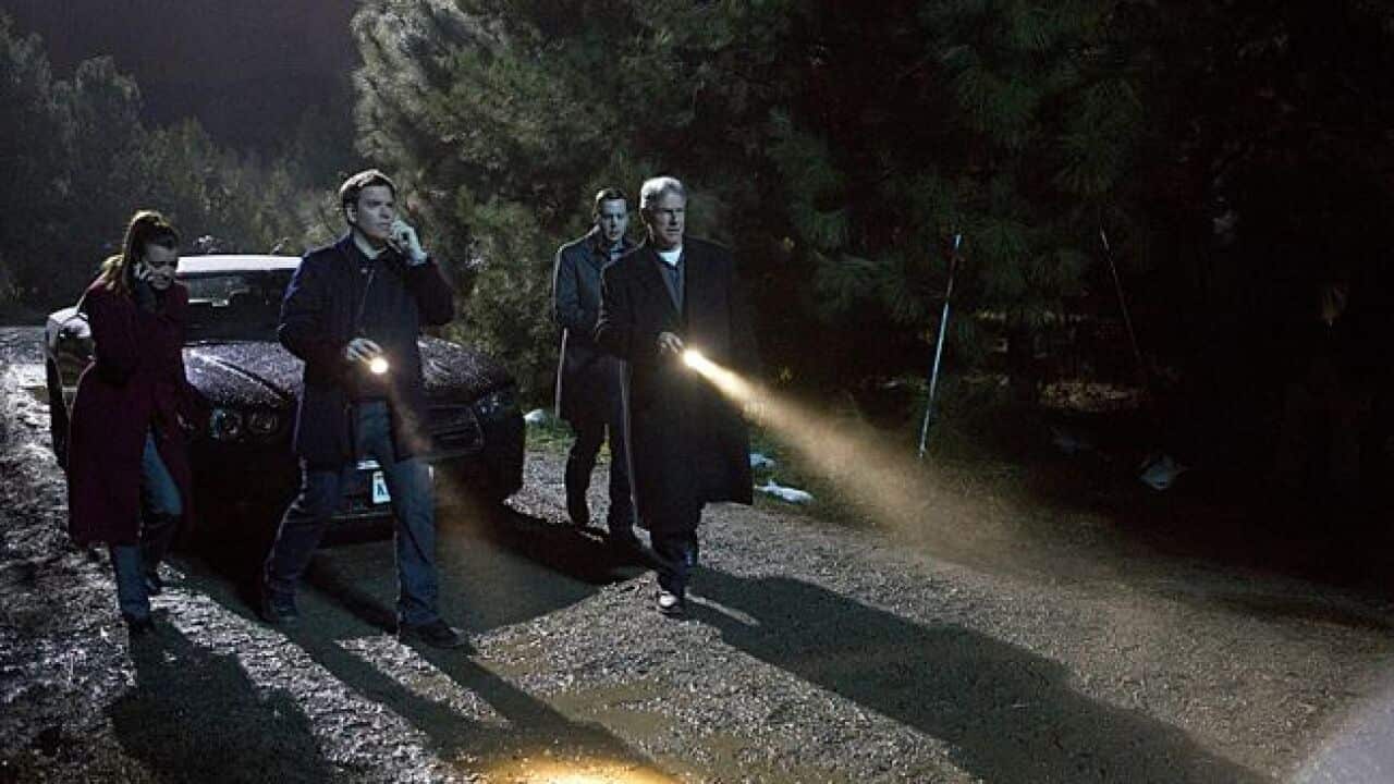 The NCIS team (l-r Cote de Pablo, Michael Weatherly, Sean Murray and Mark Harmon) races to track down Ducky and Jimmy after the two disappear while transporting a body from a crime scene.