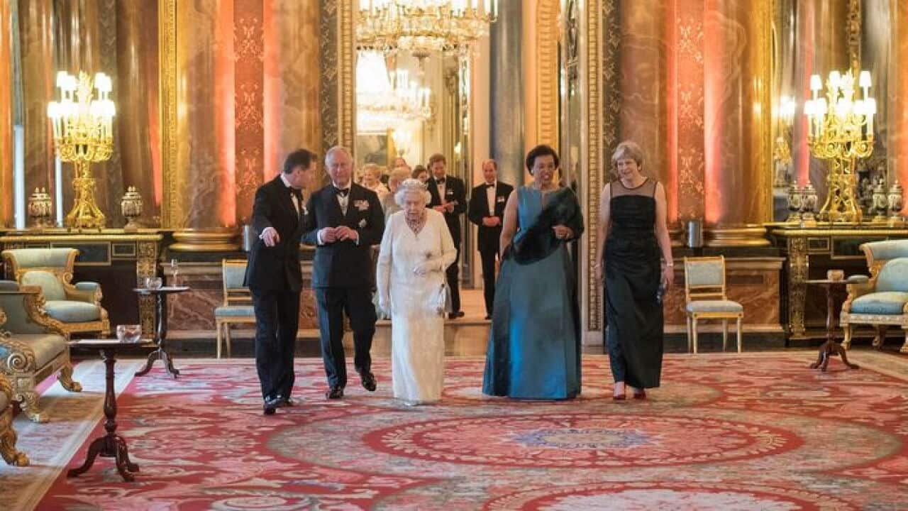 Queen Elizabeth II, the Prince of Wales, Commonwealth Secretary-General Patricia Scotland and Prime Minister Theresa May