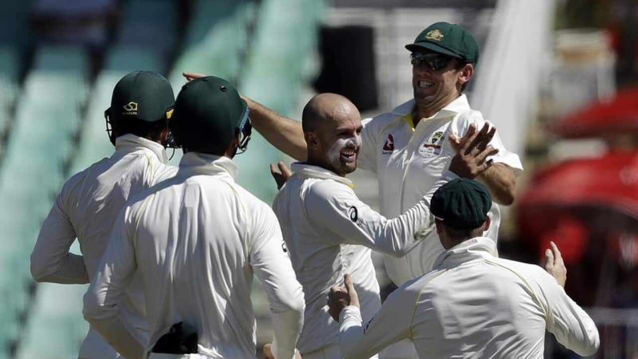 Nathan Lyon celebrates at Kingsmead.