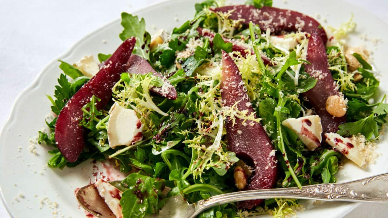 Port-poached pear salad with goat cheese
