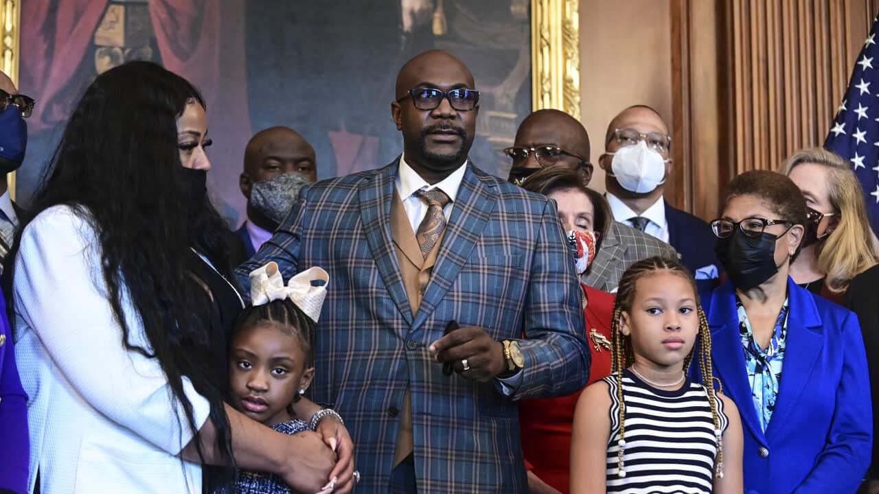 The Floyd family prior to a meeting to mark the anniversary of the death of George Floyd with House Speaker Nancy Pelosi on 25 May 2021 at the Capitol.