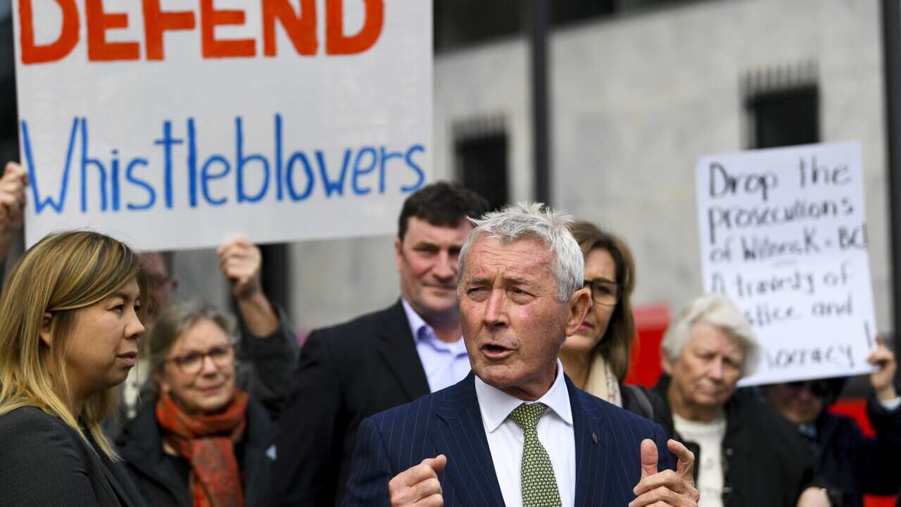 Lawyer Bernard Collaery addresses the media outside the Supreme Court in Canberra, Tuesday, 6 August, 2019.