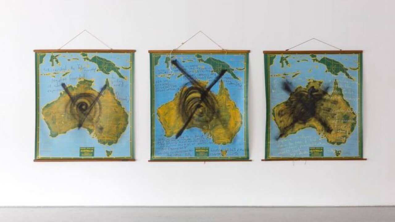 No Good Common’ 2018 Maps, oil stick, spray paint, graphite Courtesy Yuill