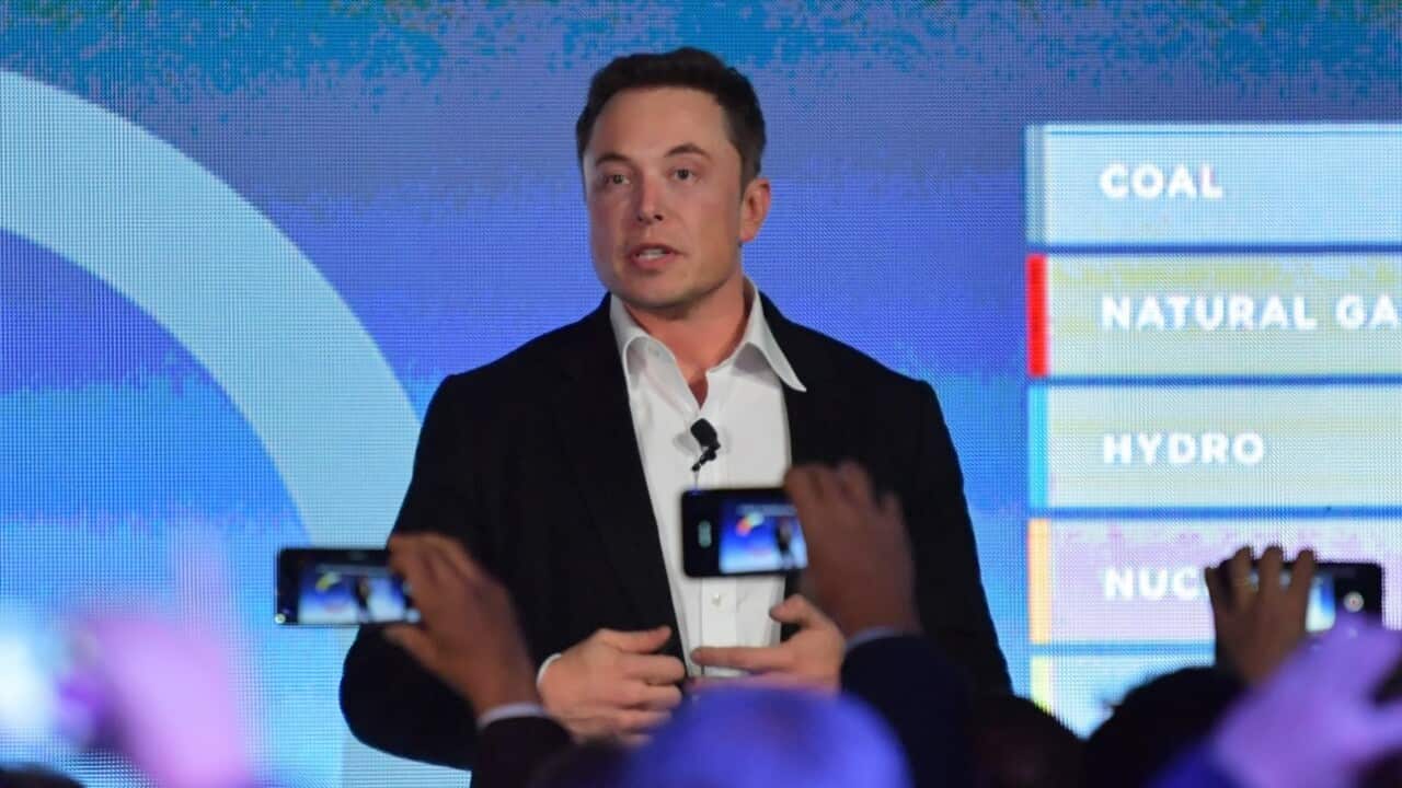 CEO of Tesla, Elon Musk is seen delivering speech at the wind and solar battery plant outside of Jamestown, South Australia, September 29, 2017.