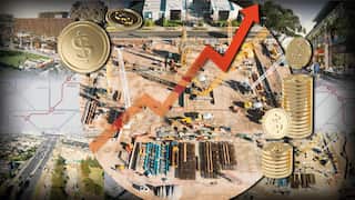 A design showing constructions sites and train line maps, with a red upward graph and a gold coins imposed on top of it
