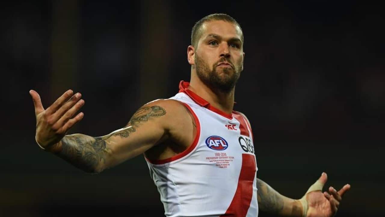 Lance Franklin of the Swans reacts after kicking a goal