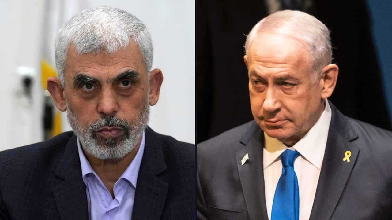 A split image showing Benjamin Netanyahu on the right and Yahya Sinwar on the left. Both are middle-aged men with grey hair wearing dark suit jackets.