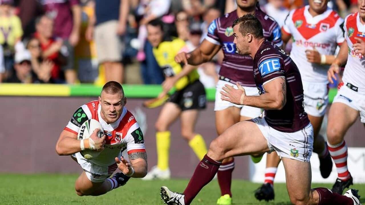 Euan Aitken of the Dragons scores a try during the Round 6 NRL.