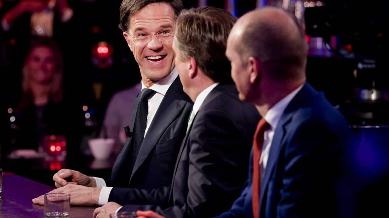 Mark Rutte (VVD), Alexander Pechtold (D66) and Gert-Jan Segers (ChristenUnie) during a show of Nieuwsuur in The Hague, The Netherlands, 16 March 2016.