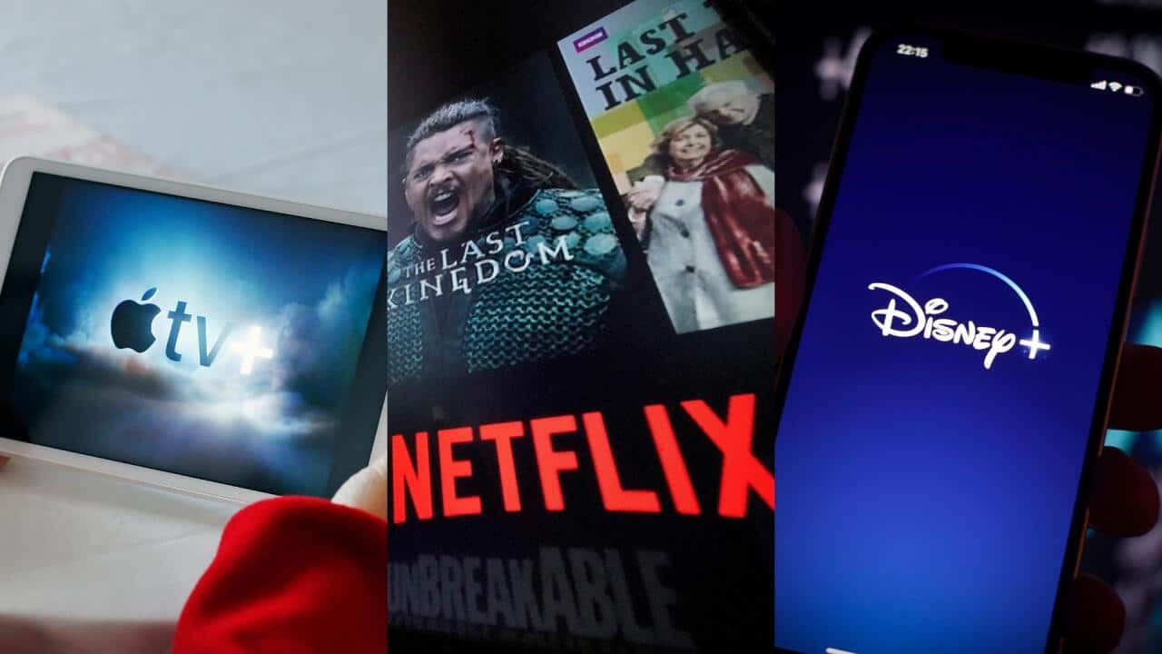 Split image of Apple TV iPad, Netflix screen and Disney+ on iPhone.