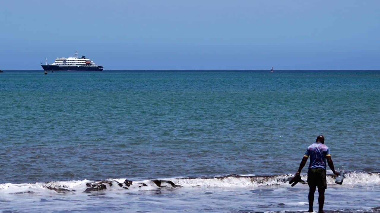 The MV Hondius cruise ship is anchored at a port in Praia, Cape Verde, Monday, May 4, 2026. (AP Photo-Arilson Almeida).jpg
