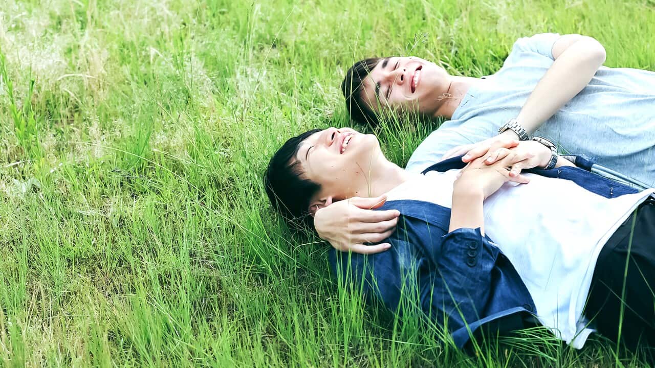 A young man to relax in the green grass