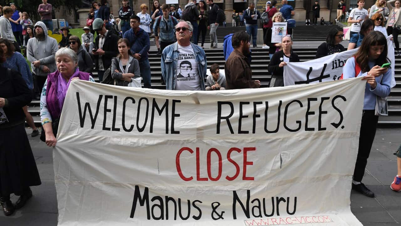Protesters gather in Melbourne to demonstrate about refugees in detention at Manus Island on 17 April 2017.