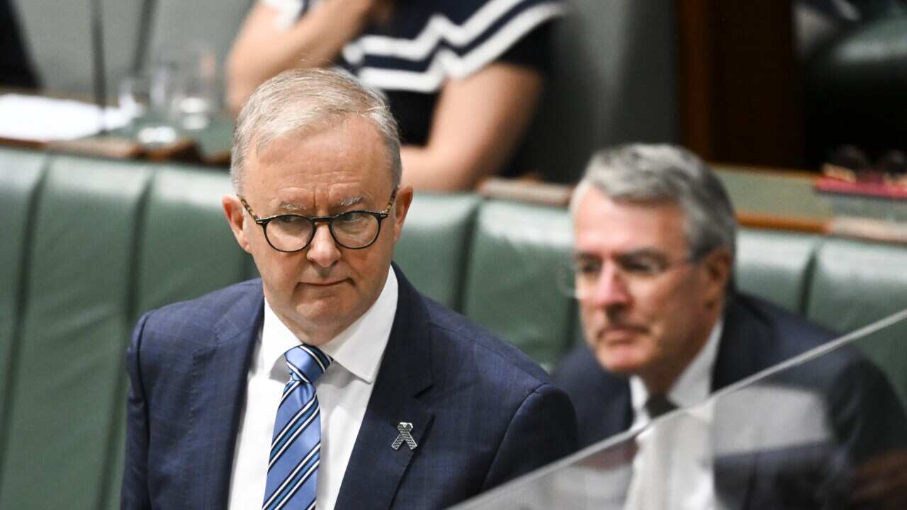 Anthony Albanese standing in parliament wearing a suit and tie