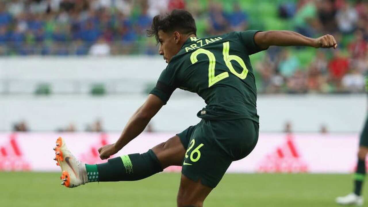 Daniel Arzani scores his first goal for Australia, 9 Jun2018 (Getty Images).