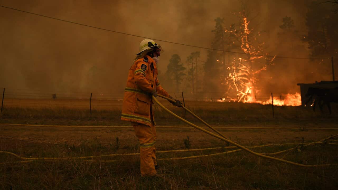 NSW Rural Fire Service crews fight the Gospers Mountain Fire as it impacts a property at Bilpin.