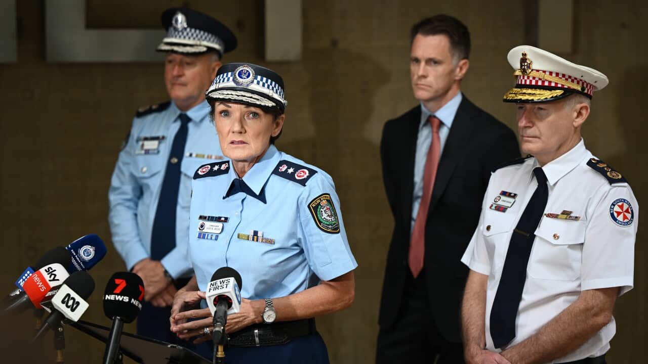 (L-R) NSW Police Deputy Commissioner Peter Thurtell, NSW Police Commissioner Karen Webb, NSW Premier Chris Minns, and NSW Ambulance Commissioner Dr Dominic Morgan speak to the media during a press conference at Surry Hills Police Station, Sydney on Tuesday, 16 April 2024.