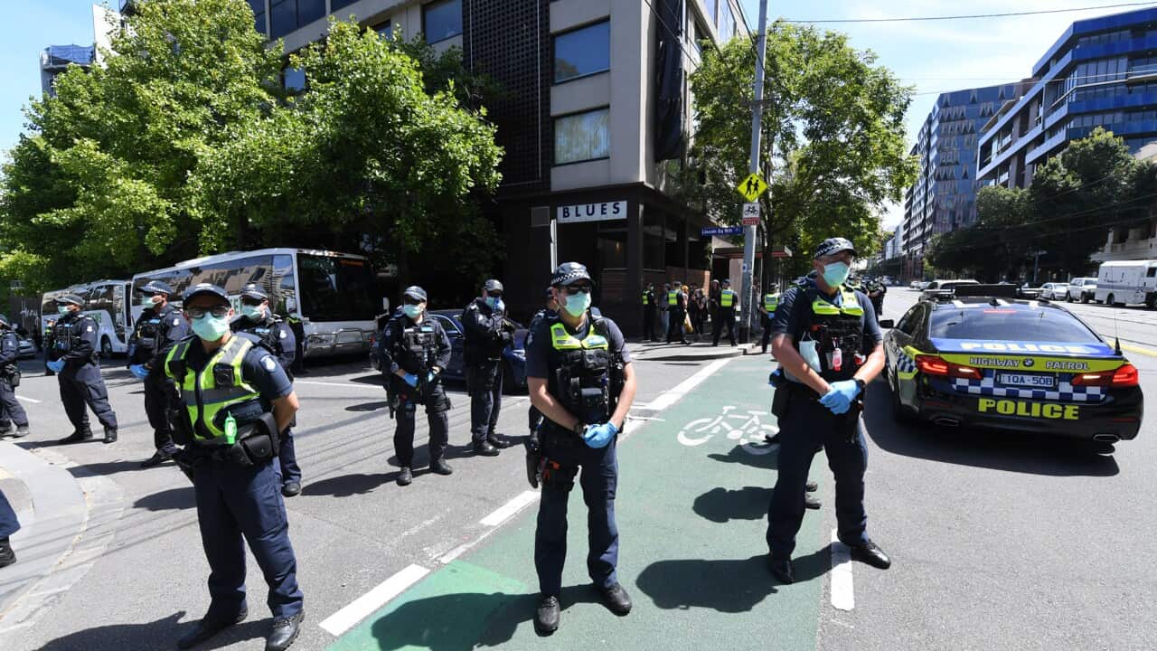 Victoria Police outside the park hotel in Melbourne