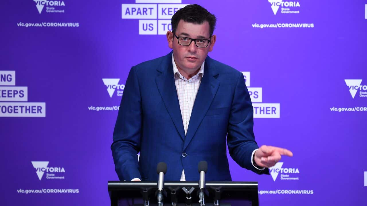 Victorian Premier Daniel Andrews addresses the media during a press conference in Melbourne, Monday, August 10, 2020. Victoria has recorded 322 new cases of coronavirus and 19 deaths. (AAP Image/James Ross) NO ARCHIVING