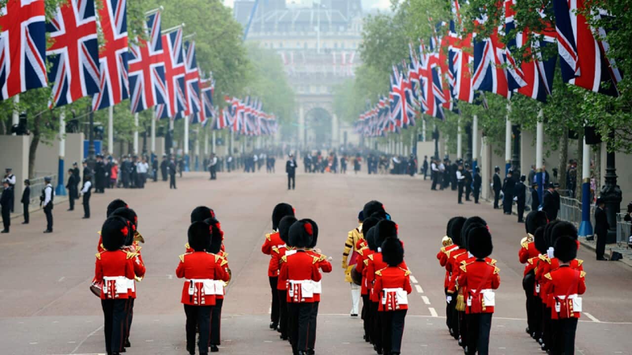 A military band perform as they march on the Mall, in central London. (Getty Images)