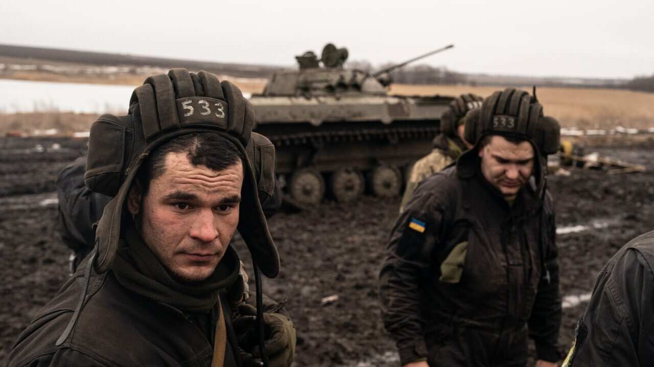 Ukrainian Servicemen are seen training in the Donetsk Region, Ukraine on 10 February, 2022.