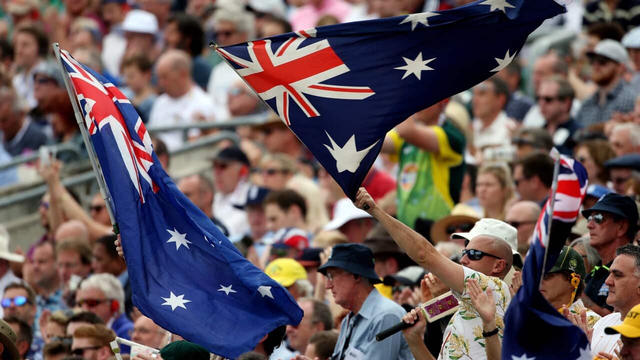 Australia fans waves flags during day one of the Fifth Investec Ashes Test at The Oval, London.