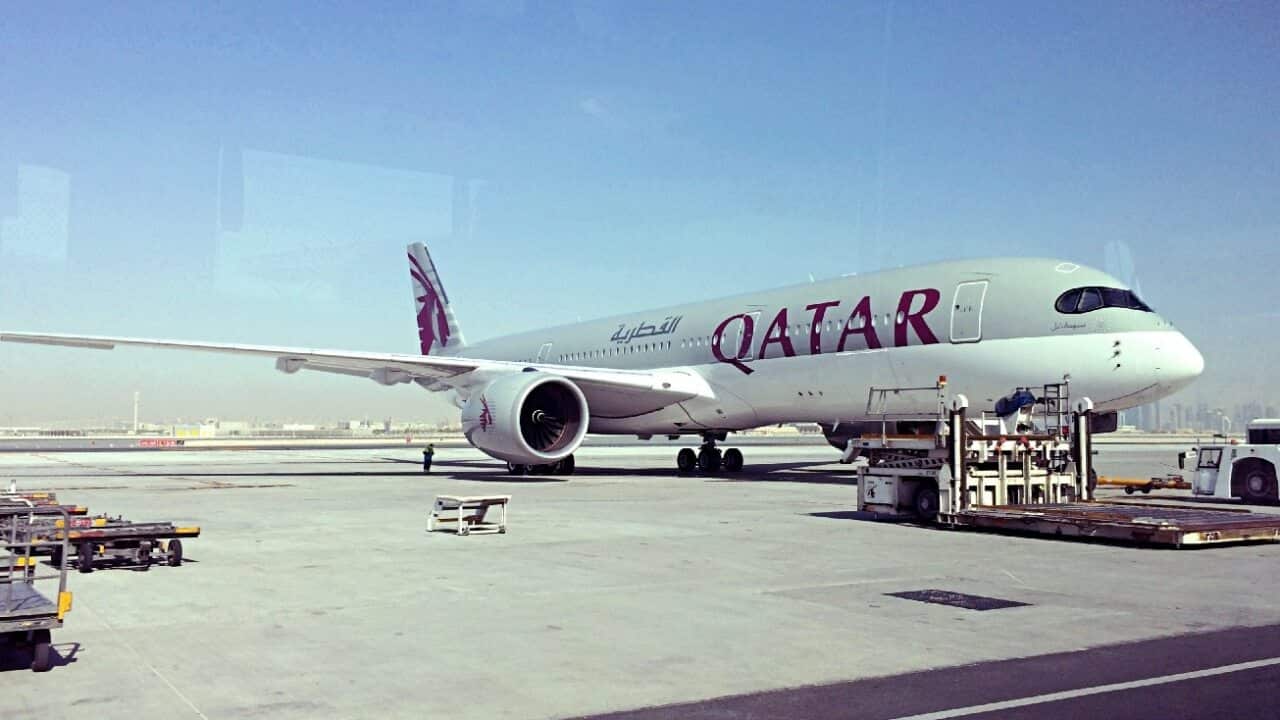 A parked Qatari plane in Hamad International Airport (HIA) in Doha, Qatar.
