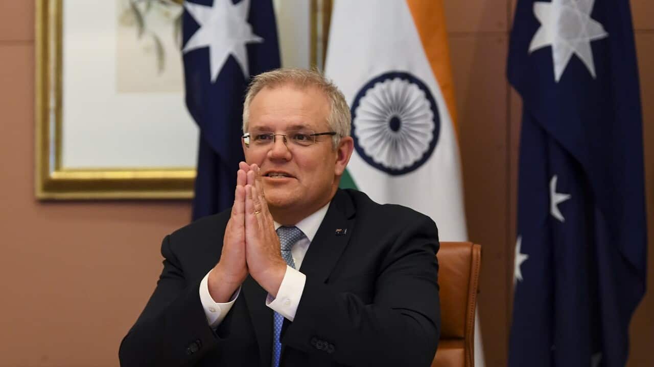 Australian Prime Minister Scott Morrison speaks to Indian Prime Minister Narendra Modi during the 2020 Virtual Leaders Summit between Australia and India at Parliament House in Canberra, Thursday, June 4, 2020. (AAP Image/Lukas Coch) NO ARCHIVING