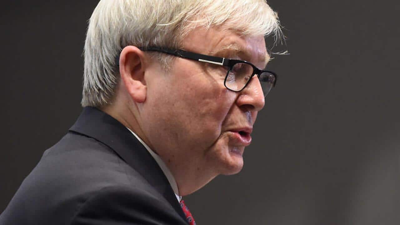 Former Australian Prime Minister Kevin Rudd delivers the 2015 Reconciliation Lecture at The Australian National University (ANU) in Canberra, Wednesday, Nov. 11, 2015.(AAP Image/Dean Lewins) NO ARCHIVING