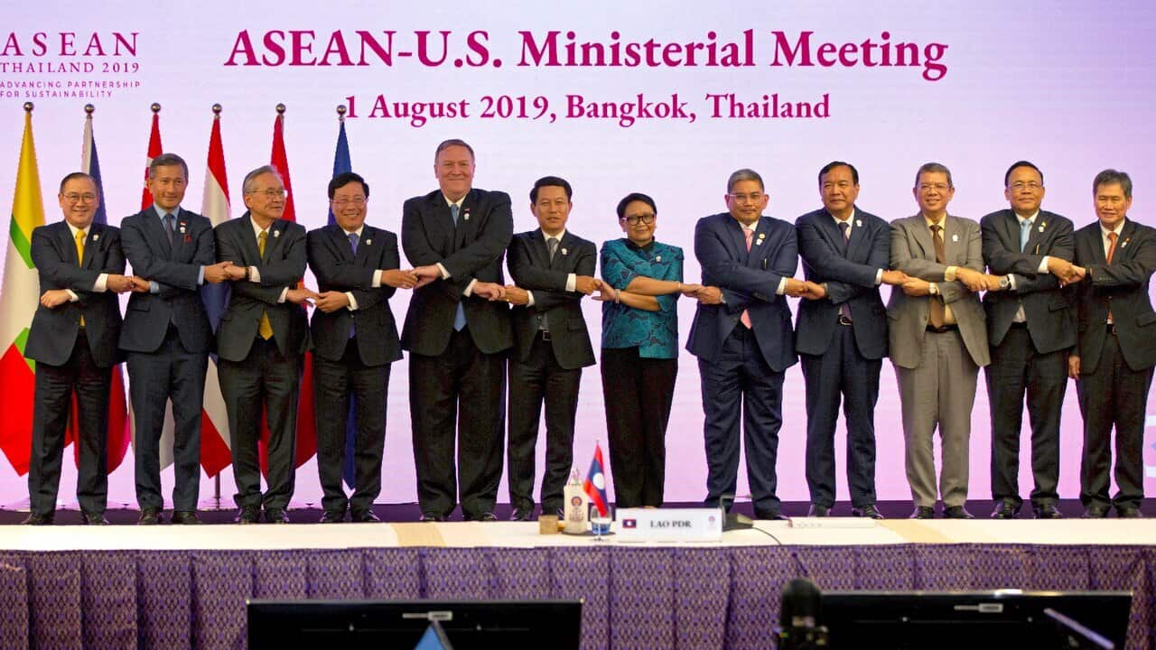 US Secretary of State Mike Pompeo poses for a group photo with foreign ministers of Association of Southeast Asian Nations (ASEAN).