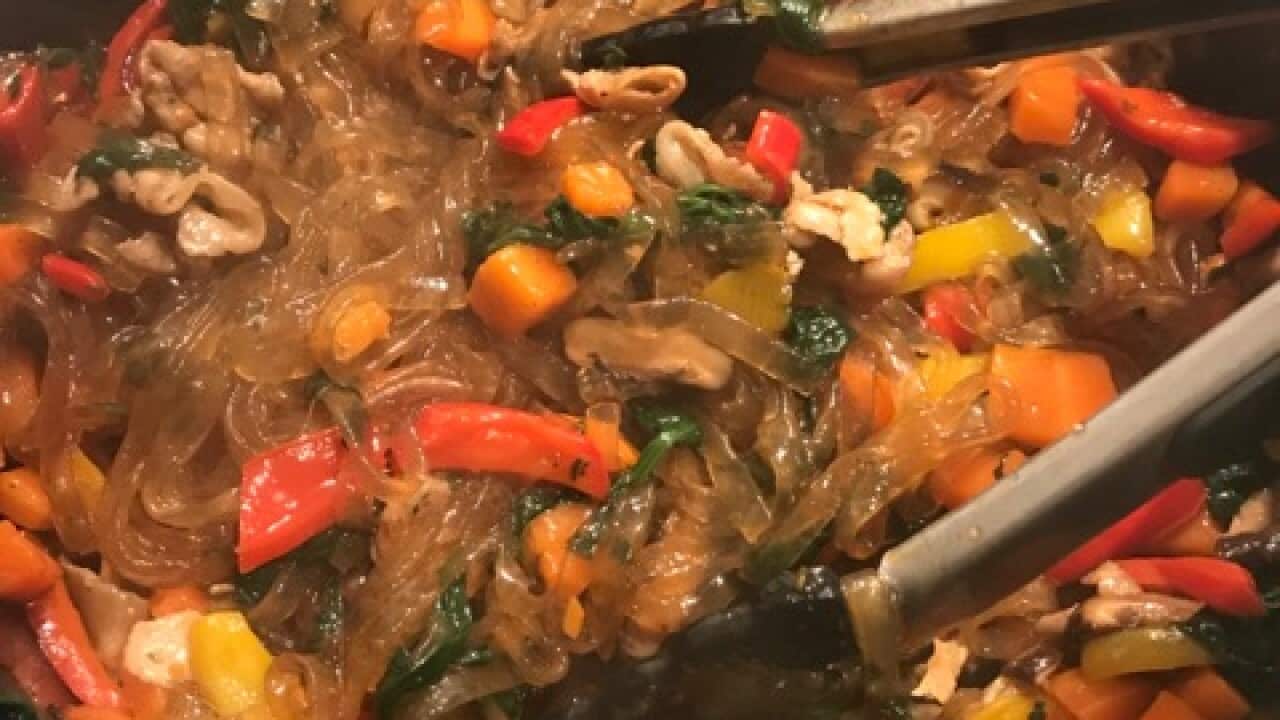 Korean stir- fried noodles (Japchae)