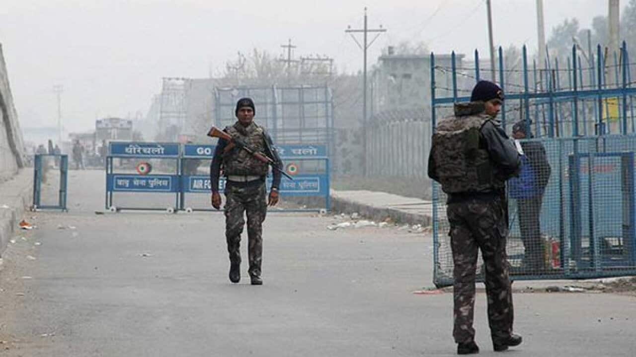 Security personnel manning the entrance to Pathankot Air Force Station
