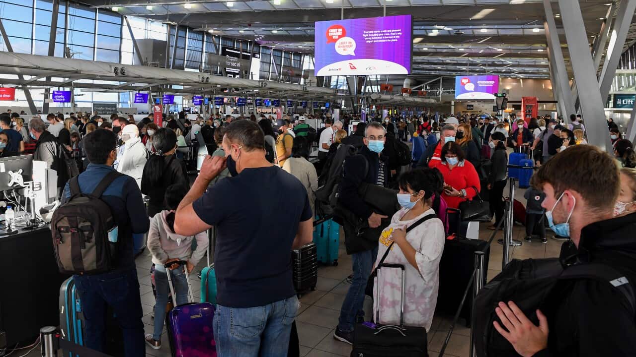 Queues of people are seen at the Virgin and Jetstar departure terminal at Sydney Domestic Airport in Sydney, Thursday, April 14, 2022. Airports around the country are expecting the busiest day in two years as hundreds of thousands of travellers prepare to