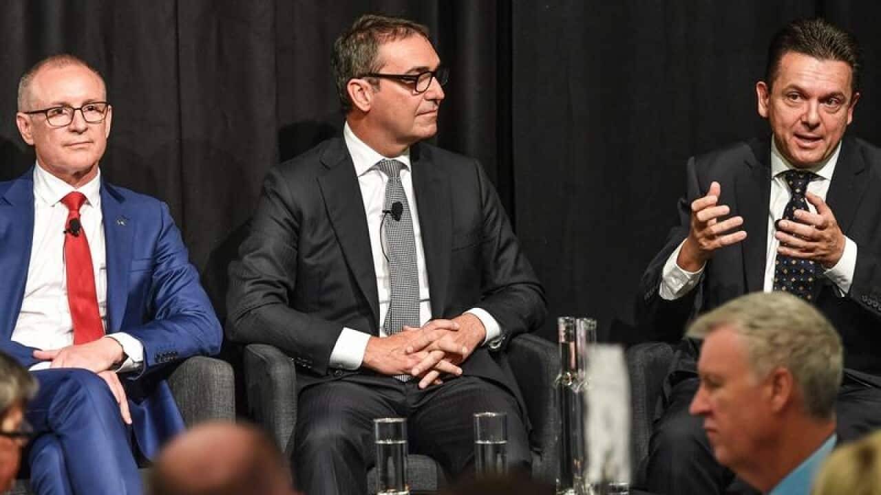 Jay Weatherill (L), Steven Marshall (C) and Nick Xenophon (R)