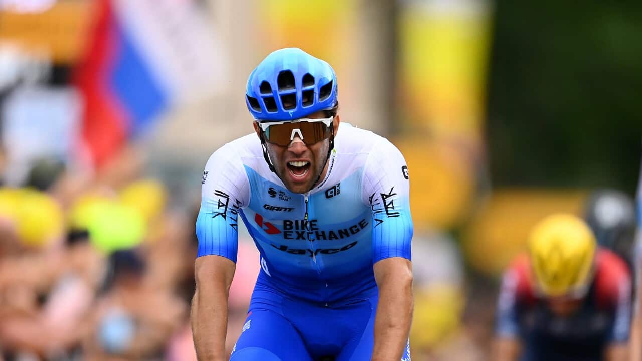 Michael Matthews of BikeExchange-Jayco out of breath after finishing second on Stage 6 of the Tour de France.