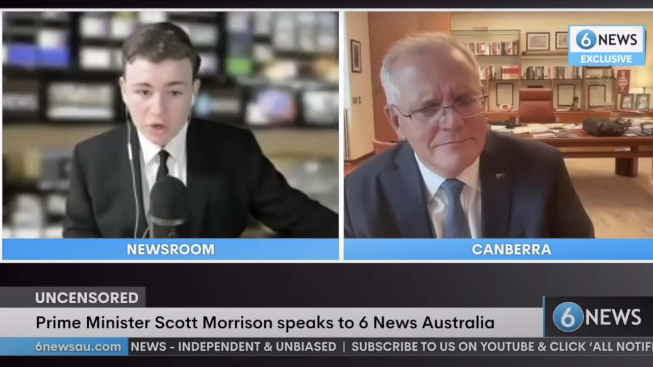 Screen shot of Leo Puglisi of 6 News Australia speaking to Prime Minister Scott Morrison during his online interview.