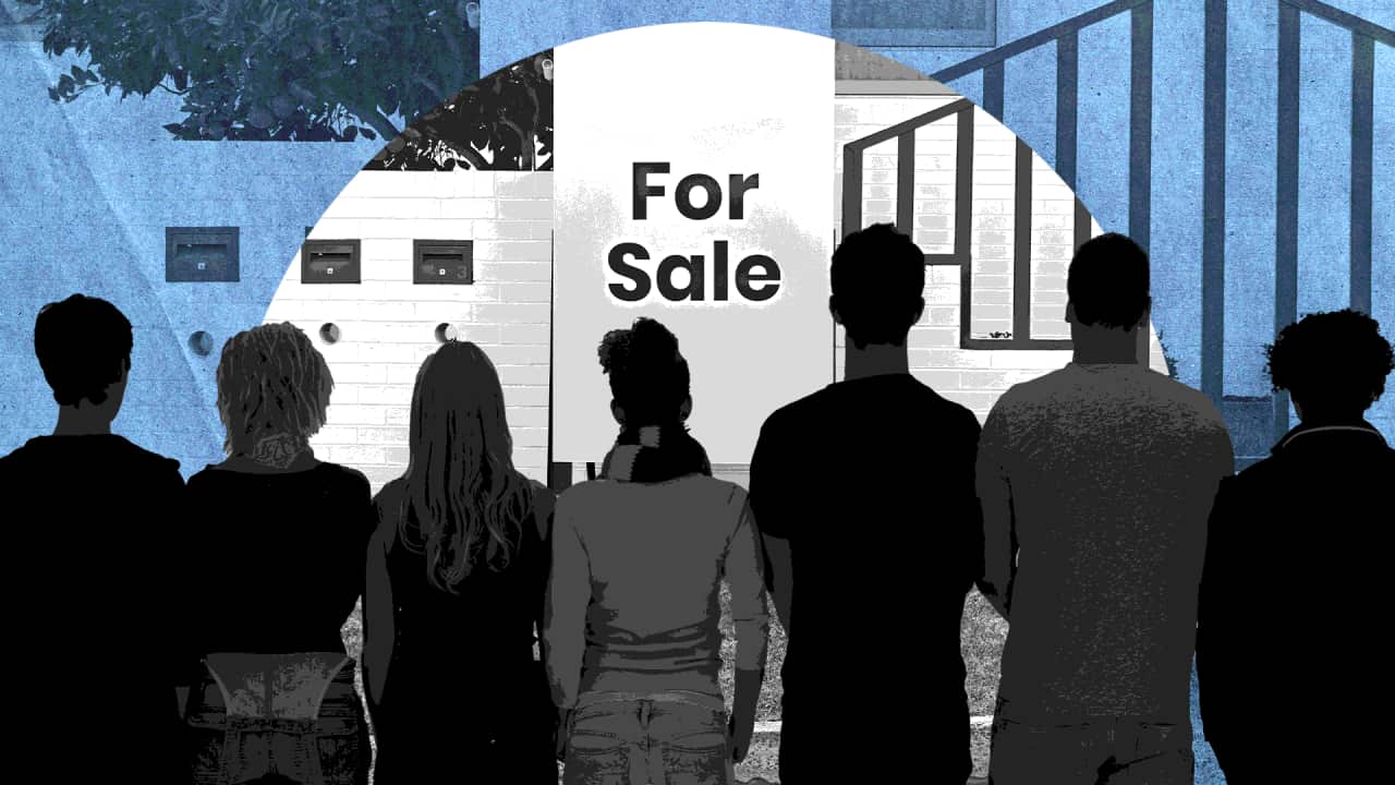 A stylised graphic showing the backs of seven people facing towards a building with a "For Sale" sign